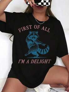 ropa de mujerRopa de mujer 100% algodón puro.Camiseta gráfica "Primero que nada, soy un mapache" para mujer.Camiseta casual de corte holgado con divertido estampado de animales, ideal para u - Negro - Ver 1