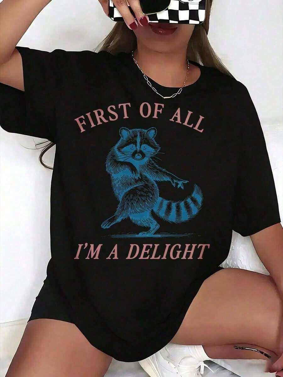ropa de mujerRopa de mujer 100% algodón puro.Camiseta gráfica "Primero que nada, soy un mapache" para mujer.Camiseta casual de corte holgado con divertido estampado de animales, ideal para u - Negro - Ver 1