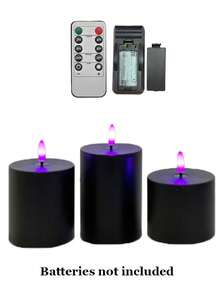 Velas de Halloween, Velas negras sin llama, Velas LED de pilar con control remoto y función de temporizador (Baterías no incluidas), Adecuadas para decoración de vacaciones, Regalo de vacaciones, Crear ambiente de Halloween (Juego de 3 piezas, Baterías no incluidas) - Luz morada negra - Ver 8