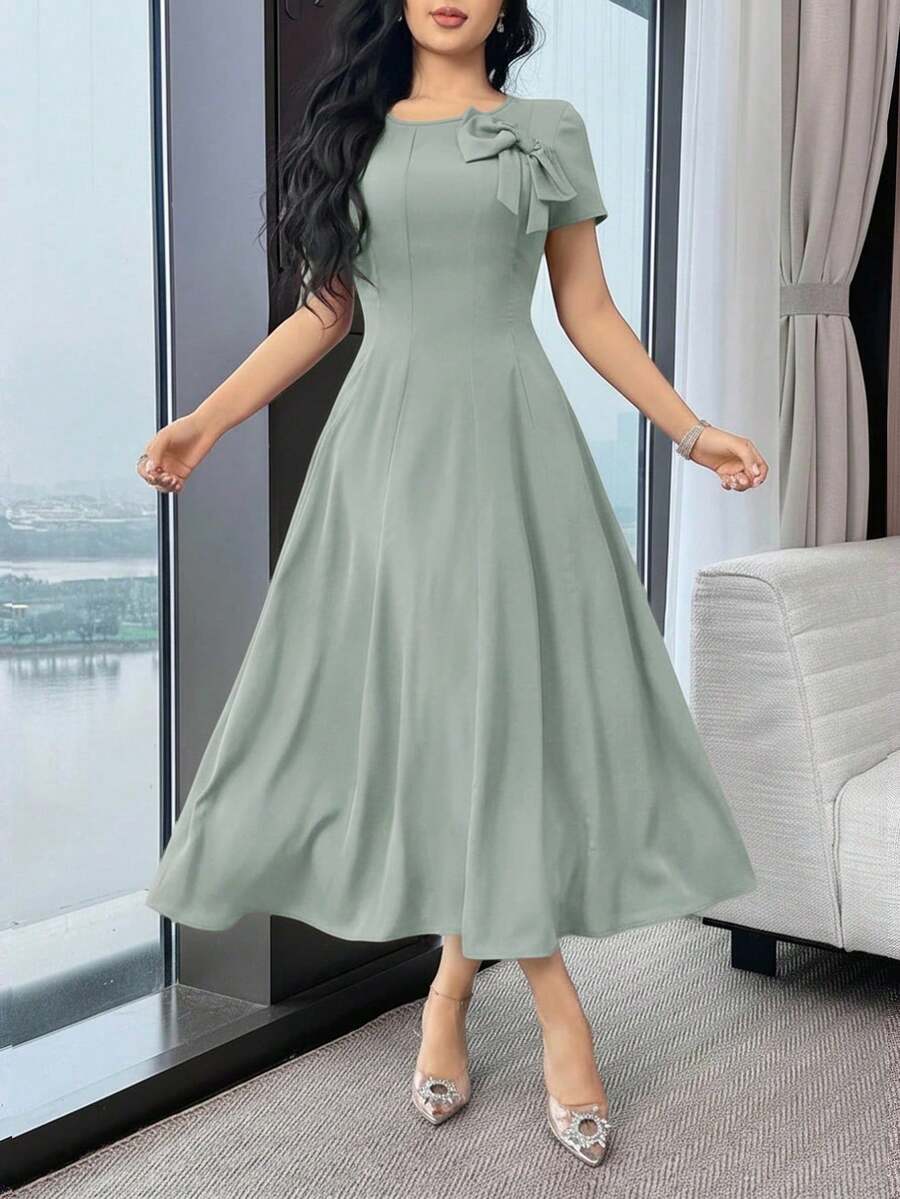 Vestido midi elegante de manga corta con cuello redondo y decoración de lazo en unicolor para mujer - Verde - Ver 1