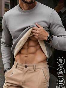 Men's Crew Neck Fleece Lined Sweatshirt, Thick Warm Solid Color Pullover, Heavyweight Cold-Proof Casual Commuter Long Sleeve Top, Autumn/Winter - Light Grey - View 1