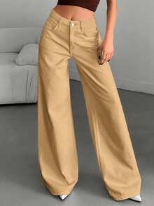Vintage High-Waist Wide-Leg Denim Jeans, Full-Length White Cotton Trousers. Suitable For Spring/Summer Daily, Office And Date Wear Casual - Khaki - View 5