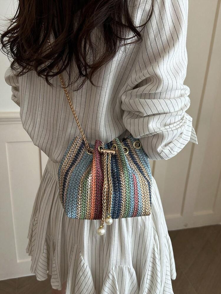 Dedoo Women's Metallic Woven Mini Bucket Crossbody Bag, Gold Chain Drawstring Pearl Decor, Elegant Evening Shoulder Bag, Suitable For Party And Wedding - Multicolor - View 9