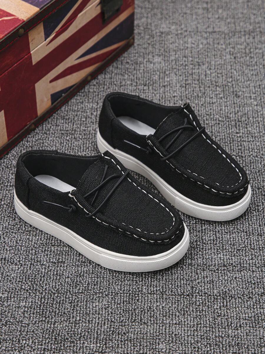 1 Par de Sapatos Náuticos Slip-On Unissex para Crianças, Uso Campus em Todas as Estações, Cor Sólida, Lona Respirável, Cadarço Elástico Sem Amarração, Sola Macia Antiderrapante, Tênis Esportivo Casual Leve e Plano para Escola - Preto - Visão 1