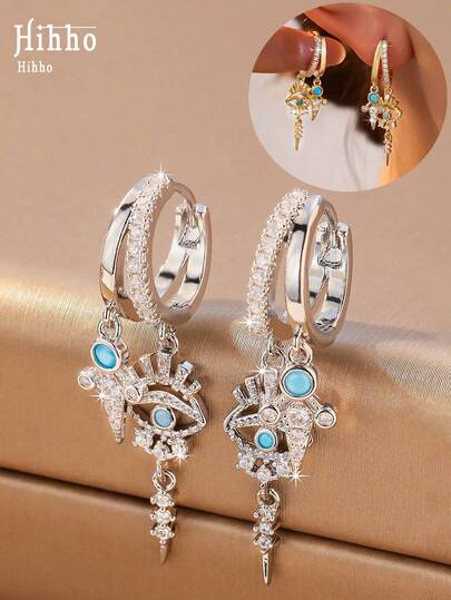 Hihho 1 Pair European & American Fashion Asymmetrical Tassel Zirconia Studded Double Drop Hoop Earrings, Evil Eye & Little Angel Stacked Rivet Design, Exquisite Elegant Creative Personalized Women's Jewelry Earrings, Suitable For Daily Wear, Festivals, Parties, Decoration Gifts