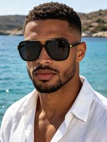 1 Pair Vintage Double Bridge Square Fashion Glasses, High-End Street Style, Elegant Retro Versatile Men's Glasses, Vacation Beach Accessory Aviator Glasses - Black - View 3