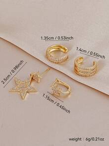 Set de 4 piezas de exquisitos clips y pendientes de estrella de circonita cúbica, aretes apilables de varias capas, adecuados para uso diario, citas y fiestas de mujeres - Amarillo Oro - Ver 2