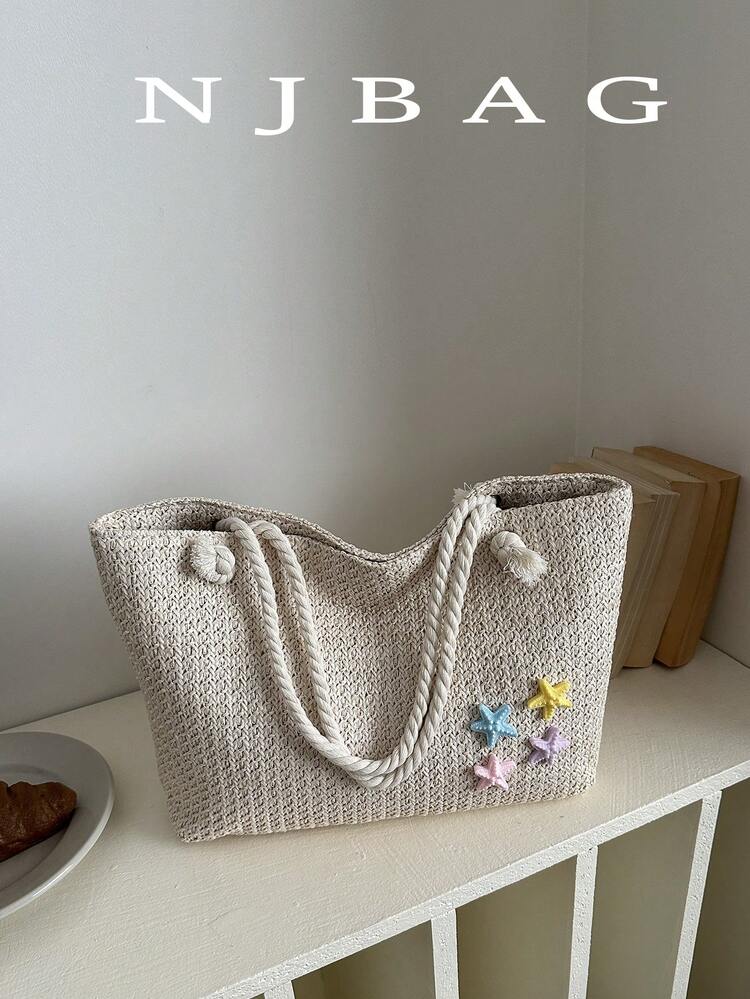 Large Capacity Woven Tote Bag, Lightweight Shopping Shoulder Bag, Summer Essential Travel Bag, Women's Vacation Backpack, Portable - Beige - View 1