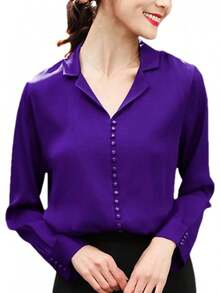Camisa de manga larga de seda con solapa para mujer, diseño de negocios con hebillas sólidas, cuello en V, blusa delgada - Rojo vino - Ver 12