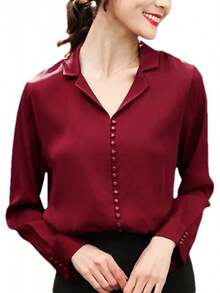 Camisa de manga larga de seda con solapa para mujer, diseño de negocios con hebillas sólidas, cuello en V, blusa delgada - Rojo vino - Ver 7