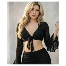 Conjunto de bikini de 4 piezas para mujer con top halter de encaje, falda con volantes y cover up transparente de manga larga - Beis - Ver 9
