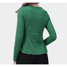 Blusas de manga larga con cuello en V para mujer, de encaje elástico, camisa de punto, entallada, estilo casual - En8 - Ver 3