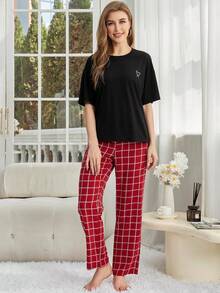 Conjuntos de pijama para mujer con cuello de rosca, top de manga corta y pantalones largos a cuadros, ropa de dormir de 2 piezas para otoño, primavera y invierno. - Negro - Ver 4