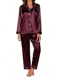 GAESHOW Conjunto de Pijamas de Mujer con Manga Larga de Satén Top Botones y Pantalones Pijama de Seda Ropa de Dormir - Rojo Vino Oscuro - Ver 7