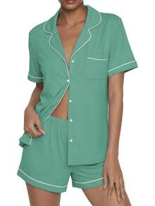 - Conjunto de pijama de verano con botones, 2 piezas, de manga corta, para dormir, S-XXL - carbón oscuro (Dark Charcoal Gray) - Ver 10