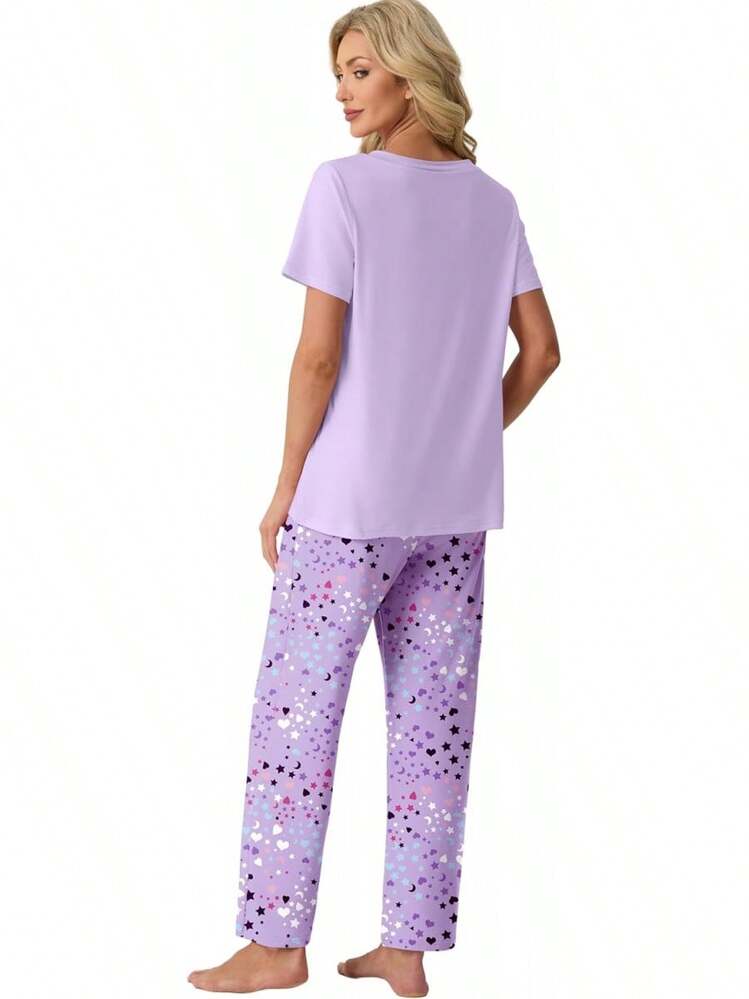 PrinStory - Conjunto de pijama suave de 2 piezas para mujer, conjunto de pijama casual de manga corta con bolsillos - Gris blanco tartán - Añade 5