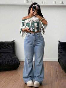 Light Blue Washed Straight-Leg Denim Trousers With Rips, Mid-Rise Waist, Elasticated And With An Elegant Drape - Dusty Blue - View 3