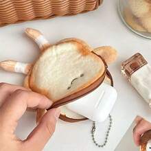 1pc INS Healing Realistic Toast Plush Coin Purse, Mini Zipper Storage Bag With Earphone Storage And Key Chain Function, 3D Toast Design With Hands And Feet, Gradient Toasted Edge Plush Highly Restoring Real Bread Texture, Front Embroidered Simple Smiling Face Soft And Cute Healing - Multicolor - View 3