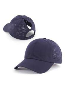 1 pieza Gorra de béisbol de malla transpirable de secado rápido de unicolor con orificio para coleta, gorra de béisbol ajustable, deportes al aire libre - Gorra de béisbol de secado rápido para coleta - Ver 13