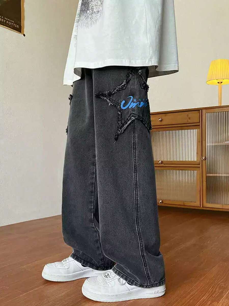 Men's Comfortable Fabric Embroidered Wide-Leg Jeans, Fashionable And Versatile - Dark Grey - View 1