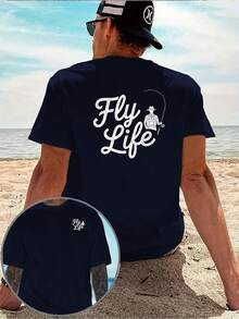 Camiseta Casual para Hombre Fly Life Fly Fishing con Estampado de Letras Estilo Vintage, con un diseño creativo, estampado a doble cara en la parte delantera y trasera, cómoda y transpirable - Negro - Ver 6