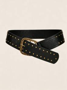 1pc Women's Dark Western Style Heavy-Duty Full Rivet Wide Waist Belt - Black - View 2