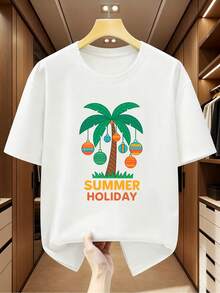 Camiseta de manga corta de algodón para hombre de talla grande, estilo de vacaciones de verano con diseño de cocotero y adornos coloridos, camiseta cómoda y casual para el verano. - Negro - Ver 6
