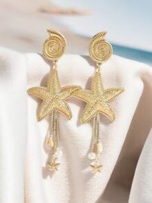 1 Pair Ocean Ins Style Metal Starfish & Shell Earrings, Bohemian Faux Pearl Long Tassel Kids Dangle Earrings - Multicolor - View 5