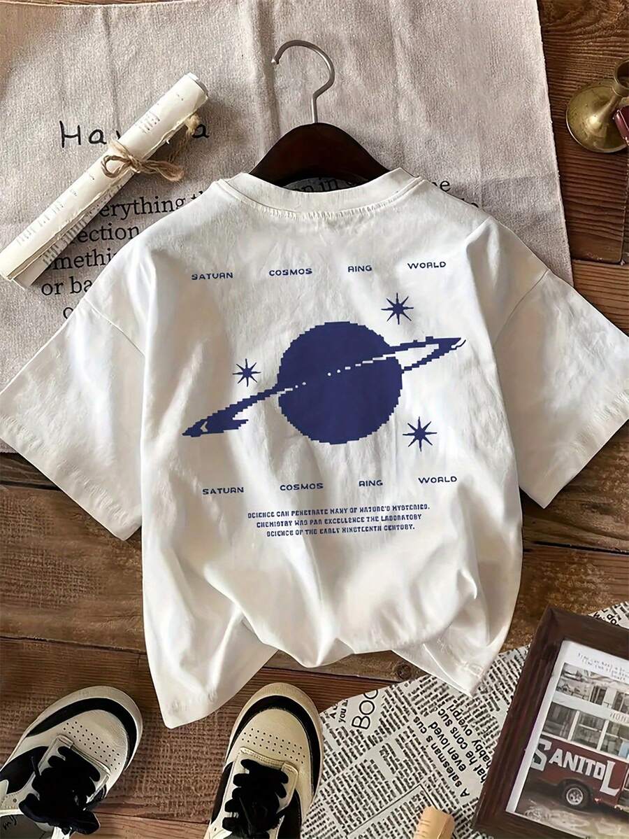 ón transpirable con cuello redondo y gráfico cósmico espacial, corte ajustado, top casual para adolescentes y jóvenes, camisetas para niñas, ropa diaria para jóvenes, moda Y2K, ajuste cómodo - Blanco - Ver 1