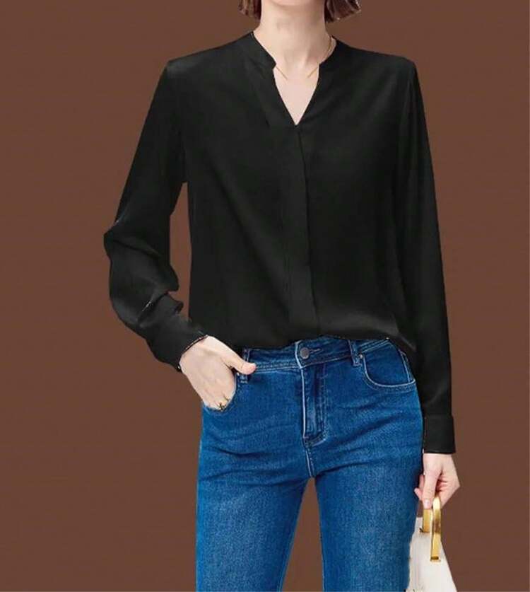Blusa de manga larga para mujer formal de seda con cuello en V y botones brillantes - Rojo vino - Añade 2
