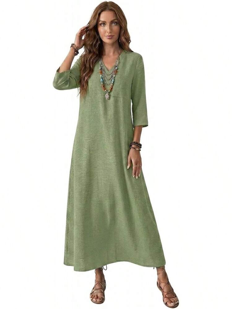 Genérico Vestido Largo de Lino de Algodón para Mujer,Manga 3/4,Vestido de Moda con Cremallera Trasera,Vestidos Largo Casual,para Playa,Invitado - Blanco - Añade 9