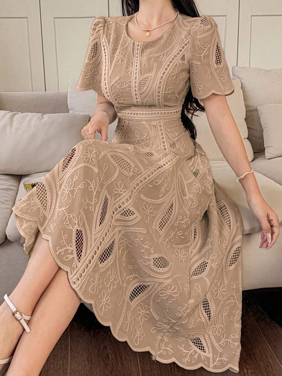 Vestido de verano de media longitud con cuello redondo, mangas de pétalo y encaje floral elegante para mujer - Albaricoque 2 - Ver 1