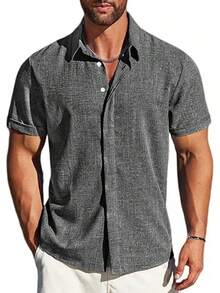 Camisas De Manga Corta con Botones para Hombre,Hombre Camisa Casual Manga Corta con Botones Ocultos,Adecuada para Playa,Trabajo,Cita. - Negro - Ver 9