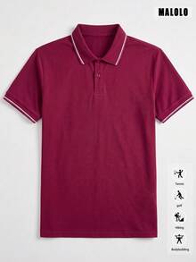 男士酒紅色短袖 Polo 衫，白色對比條紋領口與袖口，經典百搭休閒上衣，適合日常穿著與運動 - 酒紅色 - 查看 8