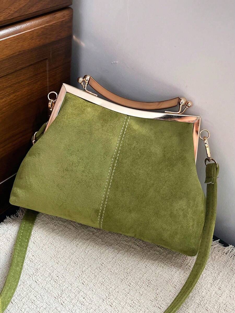 Women's PU Leather Crossbody Bag With Round Polka Dots, Vintage Style Handbag With Buckle Closure And Adjustable Shoulder Strap, Solid Color And Lightweight City Tote Bag - 駝色 - 查看 1