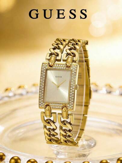 Guess MOD Heavy Metal Women's Analog Quartz Watch, Crystal Encrusted Square Bezel, Champagne Sunray Dial, Chunky Gold G-Link Bracelet W0072L1