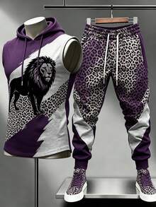 Men's Color Block Lion Leopard Print Sleeveless Hoodie & Jogger Pants Set,  Street Casual Sportswear Outfit For Adult Men - 彩色 - 查看 4