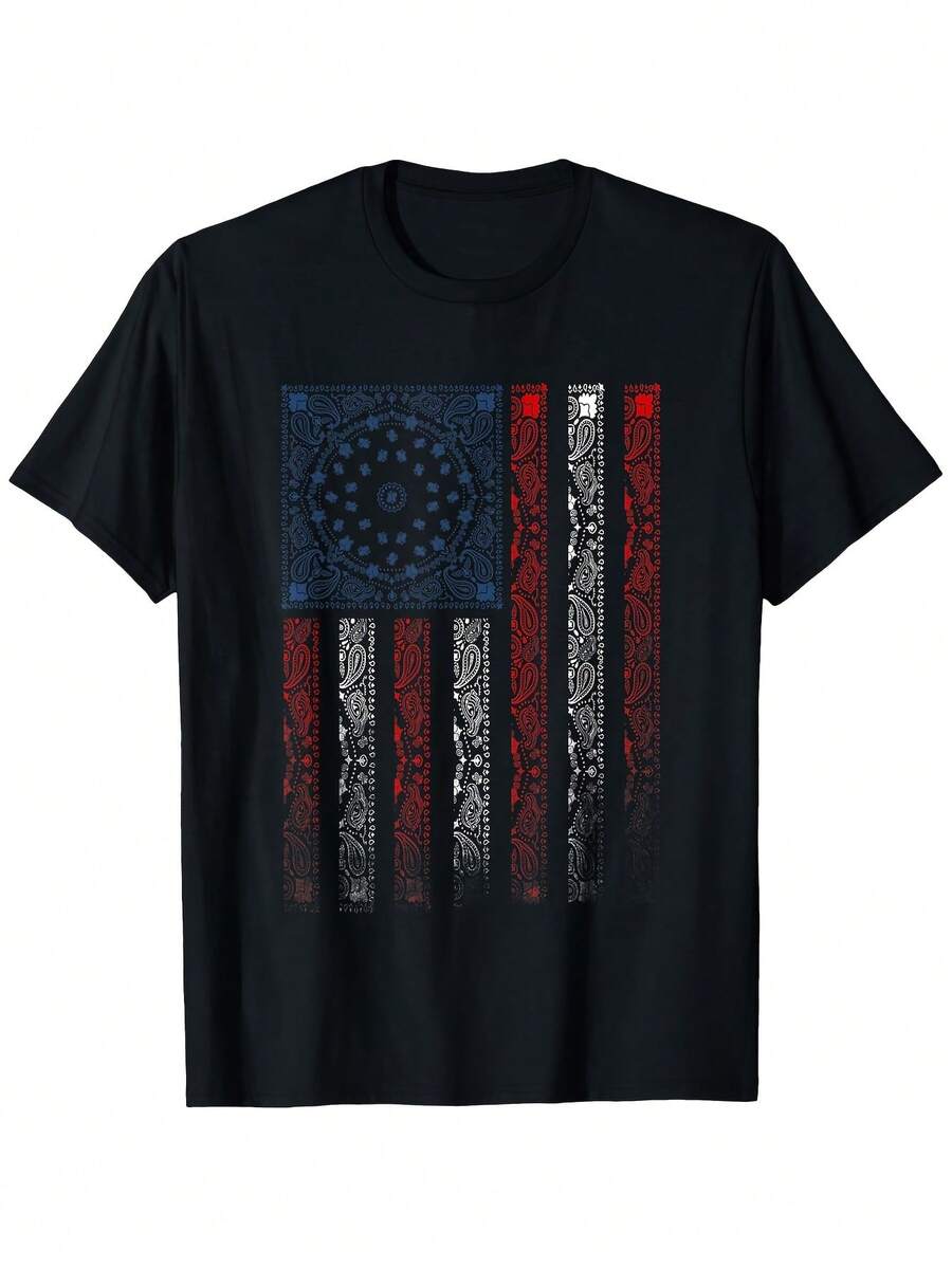 Camiseta LocalDistressed con Bandera de EE. UU. y Patrón de Perejil - Negra, Estilo Vintage Patriótico para el 4 de Julio, 100% Algodón, Corte Regular, Unisex, Casual, para Hombres y Mujeres - Negro - Ver 1