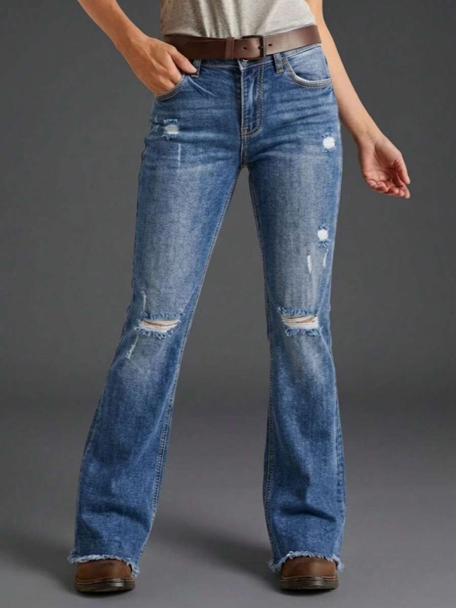 New Women's Washed Distressed Casual Versatile Frayed Hem Jeans - Dark Wash - View 1