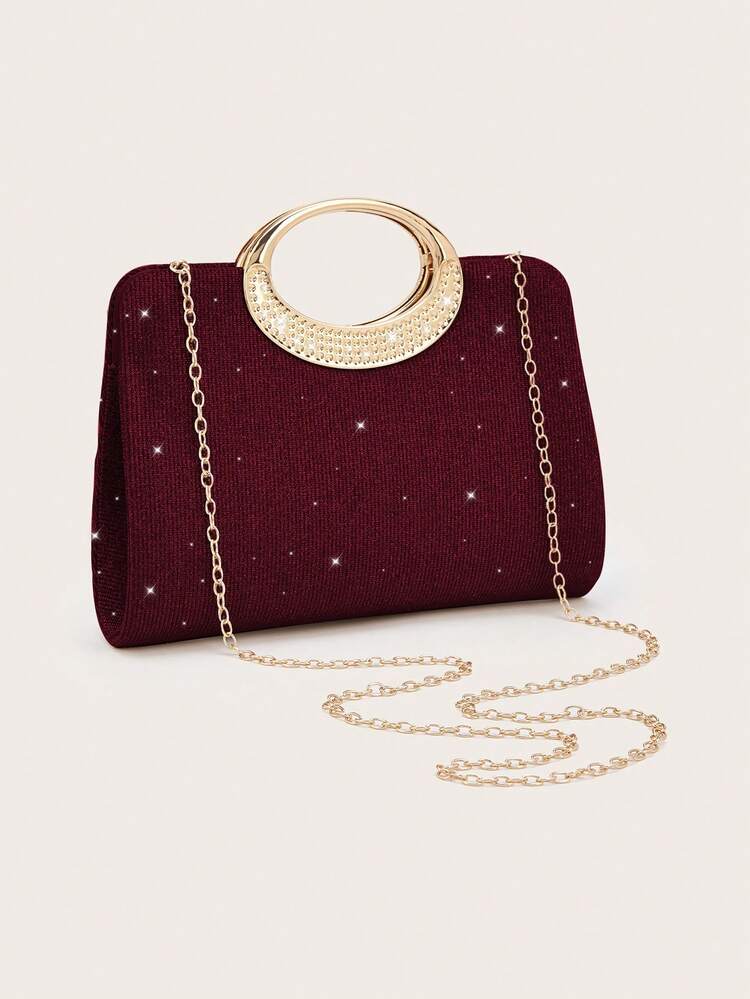 Luxury Glamorous Shiny Metallic Patchwork Envelope Clutch, Magnetic Closure Elegant Fashion Party Bag, Women's Birthday Party And Wedding Ball Chain Bag - Burgundy - View 6
