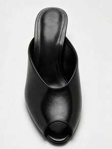 Black Matte Leather Peep-Toe Mule Transparent Crystal Wedge High Heel Sandals - Black - View 3