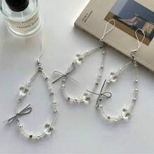 Crystal Transparent Heart Beaded Silver Bow Phone Lanyard Anti-Loss Wrist Strap Portable Personalized Phone Strap Beaded Bag Charm Keychain - White - View 2