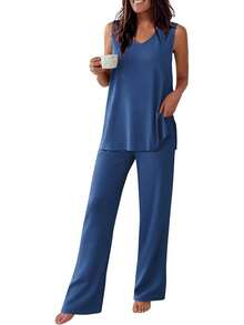 - Conjunto de pijama para mujer, sin mangas, cómodo conjunto de playera sin mangas y pantalones con cuello en V, 2 piezas, S-XXL - Raya gris - Ver 11