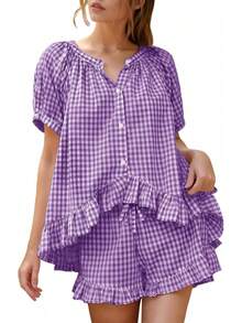 Flygo - Conjunto de pijama de cuadros para mujer, 2 piezas, de algodón, manga abombada, con volantes, conjunto de pijama de verano - Sandía - Ver 24