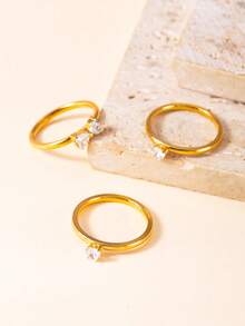 3 piezas Anillos de acero inoxidable con strass en forma de corazón 3 en 1 desmontables y personalizados, 3 piezas Anillos apilables de trébol de cuatro hojas de la suerte de lujo francés para mujer - Dorado - Ver 6