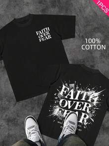 Men's Christian T-Shirt "FAITH OVER FEAR" | Psalm 118:6 Design | Inspirational Streetwear | 100% Cotton | Unisex Fit | Ideal Gift For Believers - 珊瑚粉 - 查看 1