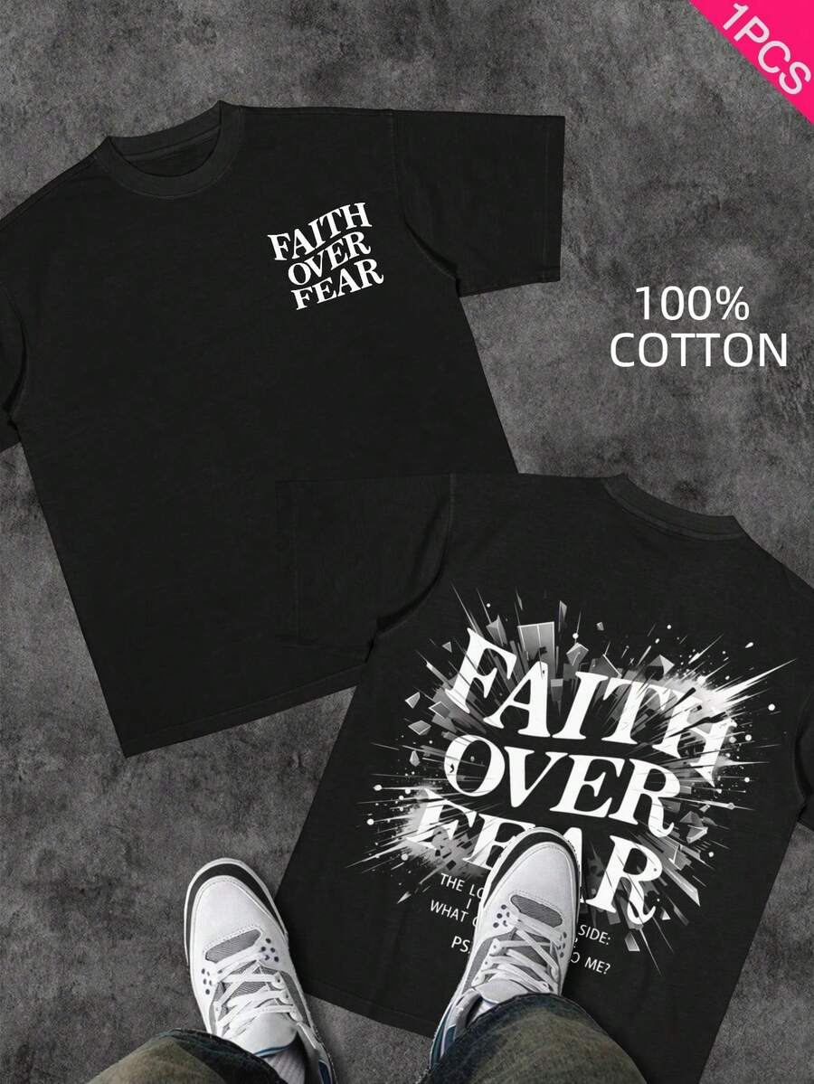 Men's Christian T-Shirt "FAITH OVER FEAR" | Psalm 118:6 Design | Inspirational Streetwear | 100% Cotton | Unisex Fit | Ideal Gift For Believers - 珊瑚粉 - 查看 1