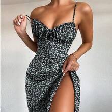 Primavera 2026, Nueva Ropa de Mujer, Vestido Europeo y Americano, Sexy, a la Moda, Estampado, con Lazo en la Cintura y Abertura Lateral - Verde - Ver 2