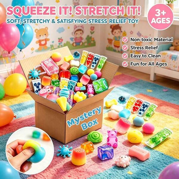 Soft Elastic Stress Relief Mystery Blind Box TPR Soft Rubber Stretchable Squeeze Toy Set, 3+ Years Old Children Sensory Toys For Stress Relief, Classroom Prizes, Birthday Party Favors