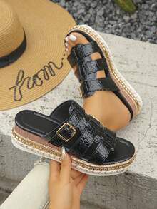 Women's Summer New Wedge Heel Thick Sole Open Toe Beach Sandals Black Crocodile Pattern Roman Style Hollow Wide Strap Metal Buckle Slip-On Slouchy Shoes European American Vintage Bohemian Vacation Style Comfortable Non-Tiring Soft Sole Shock-Absorbing Plus Size Casual Versatile Lightweight Stable Non-Slip Wear-Resistant Skin-Flattering Platform Shoes Wood Grain Heel Woven Edge Fashion Street Personality Slip-On - Black Crocodile Pattern - View 2